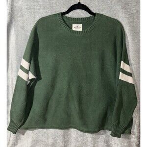 HOLLISTER WOMENS M GREEN CREW NECK OVERSIZED VARSITY STYLE PREPPY CASUAL SWEATER